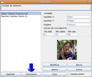 Ventana para seleccionar, listar y gestionar alumnos