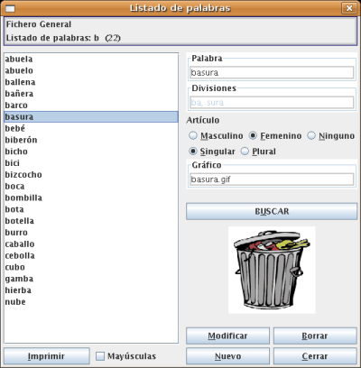 Gestion de palabras del fichero general por letra